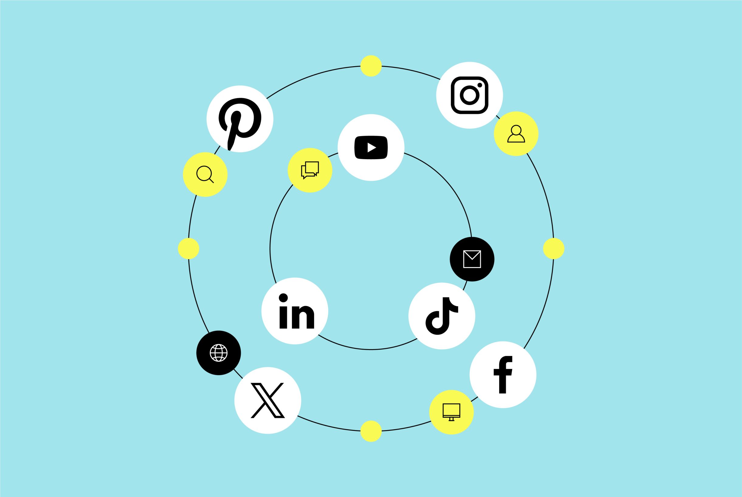 Marketing icons in a circle on a blue background.